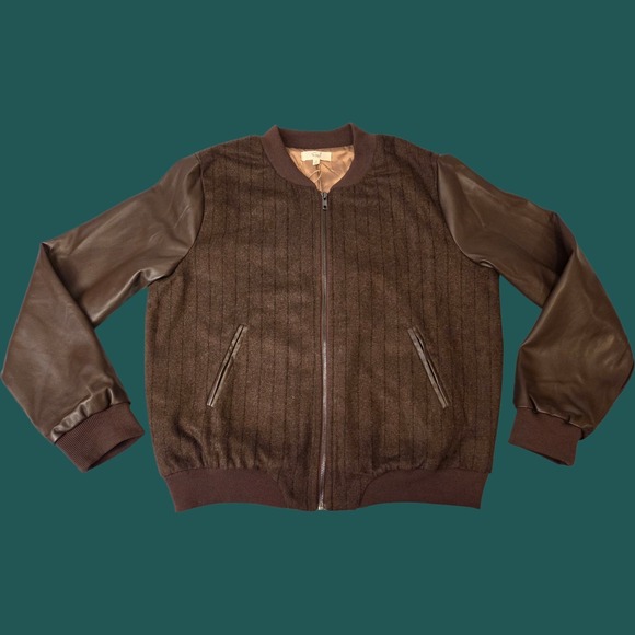 easel Jackets & Blazers - Easel Sz M (L) Vegan Leather Brown Bomber Wool Pinstripe‎